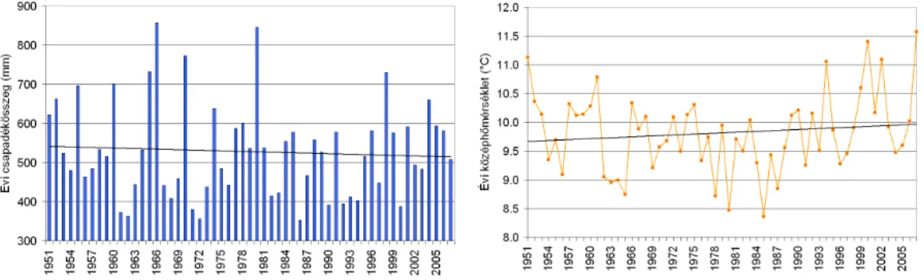 13. ábra: Nyíregyháza éves csapadékösszegének és évi középhőmérsékletének változása 1951  és 2007 között 