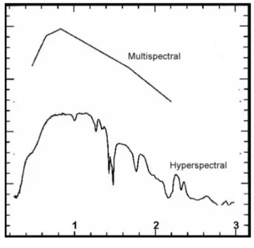 22. ábra:  Egy multi- és egy hiperspektrális reflexiós görbe közötti  spektrális felbontásbeli különbség 