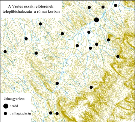 6. ábra: A Vértes északi előterének településhálózata a római korban (4. század). 