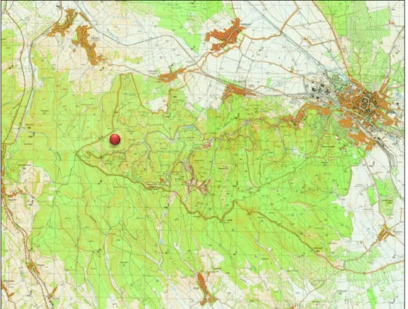 6. ábra. A Soproni-hegység, mint kutatási terület (piros kör jelöli a Hidegvízvölgy Erdőrezervátum  elhelyezkedését) (Mératarány 1: 10 000) 