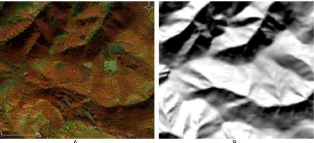 11. ábra: Egy hegyvidéki erdőterület képe ősszel Sentinel-2 felvételen (A) és a terület domborzatmodelljére  készített megvilágítási modell (B) az űrfelvétel időpontjához tartozó Nap állás paraméterekkel