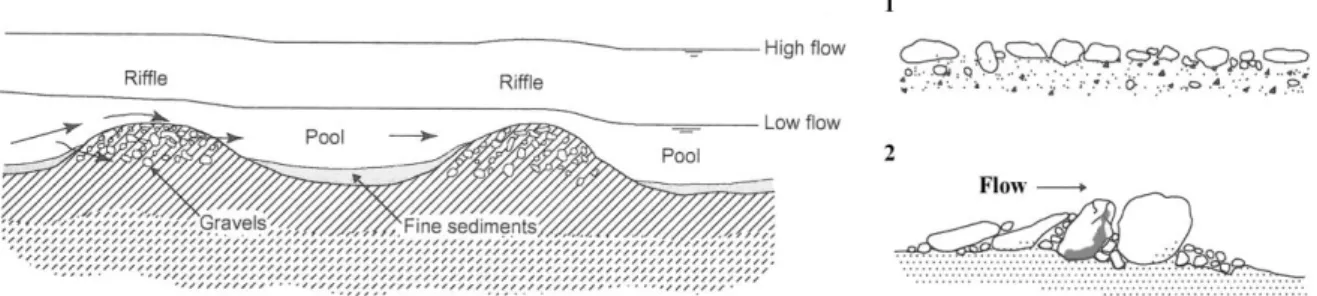 Figure 1.3. Channel bed features contributing to the postponement of bedload yield: pool-riffle  sequences (left), armouring (1) and imbrication (2) (right) (from Gordon et al