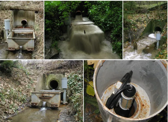 Figure 3.4. Stream gauging station at the outlet of the Farkas Valley (1: low flow; 2: high flow) and  the Vadkan Valley (3: high flow; 4: low flow; 5: data logger) 