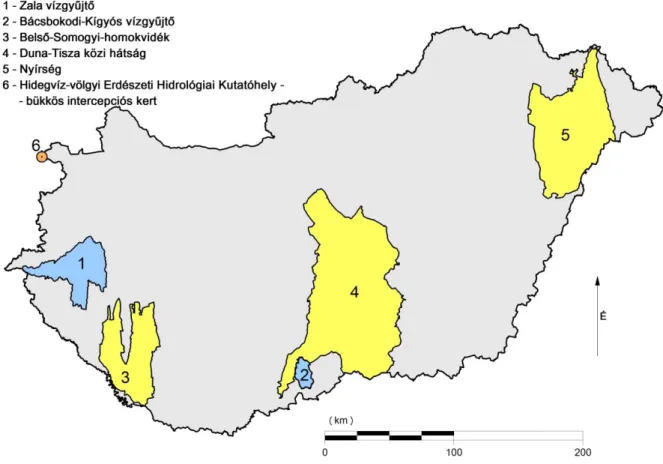 16. ábra: A vizsgált területek (vízgyűjtők [kék]: 1-2, homoktájak [sárga]: 3-5,  bükkös intercepciós kert [narancssárga]:6) Magyarországon belüli elhelyezkedése 