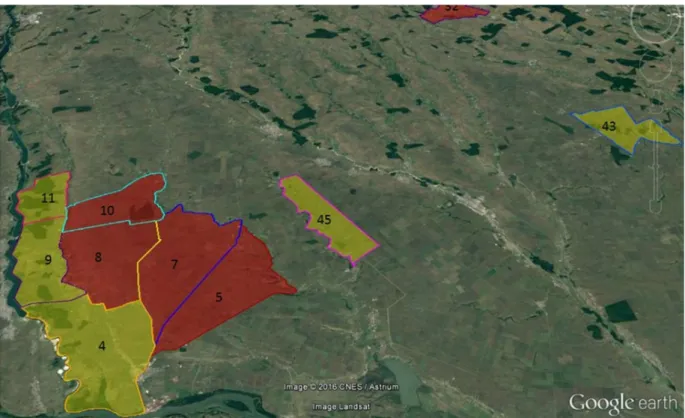 6. ábra - A vadászterületek földrajzi elhelyezkedése és  kategorizálása (sárga  szín: állandó  aranysakál jelenlét; piros: aranysakál csak véletlenszerűen fordul elő) 