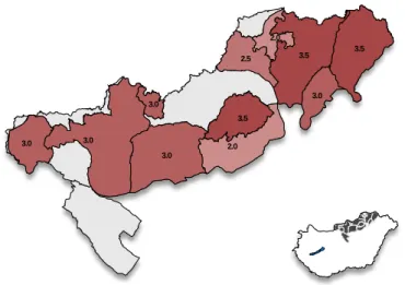 20. ábra A siskanád jelentősége az Északi-középhegység tájcsoport erdészeti tájaiban  (1: nem fordul elő, 5: általános probléma, minden évben védekeznek ellene) 