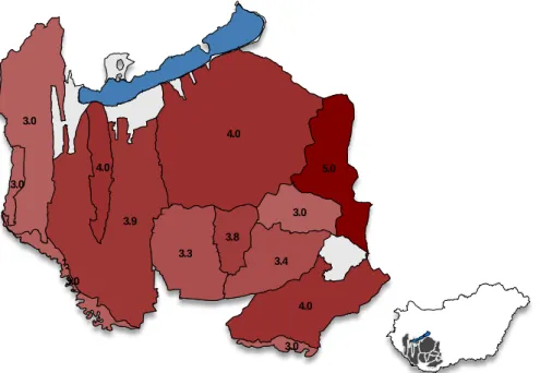 32. ábra A siskanád jelentősége a Dél-Dunántúl tájcsoport erdészeti tájaiban  (1: nem fordul elő, 5: általános probléma, minden évben védekeznek ellene) 