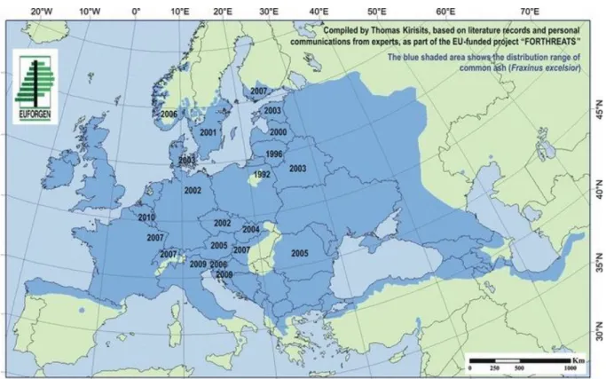 9. ábra: A kórokozó tüneteinek első észlelése az egyes országokban (forrás: Timmermann és mtsai 2011) 