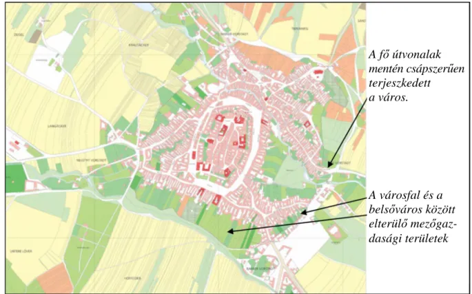 8. ábra: Sopron utcahálózata és az épületek elhelyezkedése a XIX. században   (J ANKÓ  et al., 2010 A.1