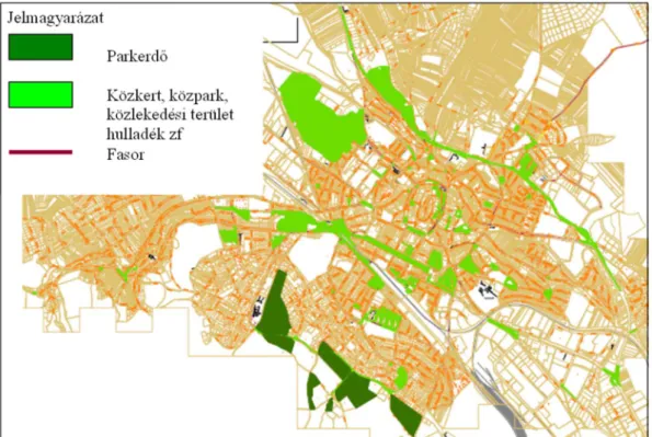 15. ábra: Sopron jelenlegi közterületi zöldfelületi elemei (P ÓCZA , 2009 alapján) 3.2.1