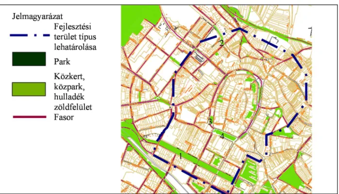 16. ábra: Belváros, Küls ő -belváros fejlesztési területtípus   jelenlegi közterületi zöldfelületi elemei 