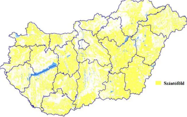 7. ábra: Magyarország szántóterülete a Corine Land Cover felszínborítási térkép alapján 