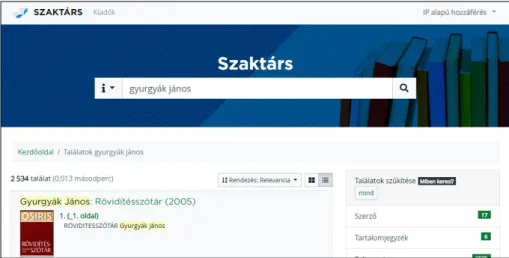 3. ábra A Szaktárs adatbázis keresőfelülete használat közben