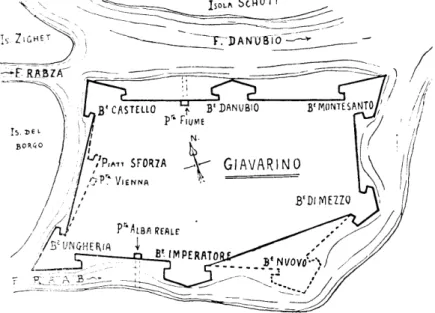 E szerint a bástyaöv végleges formájában (4. ábra) a vár- vár-nak Ferabosco-tól elgondolt tervéhez képest, a legszembetűnőbb  különbséget bővülése mutatta, jelesül a nyugati oldalon a  Sforza-félbástyával, a délkeleti sarkon pedig az Uj bástyával