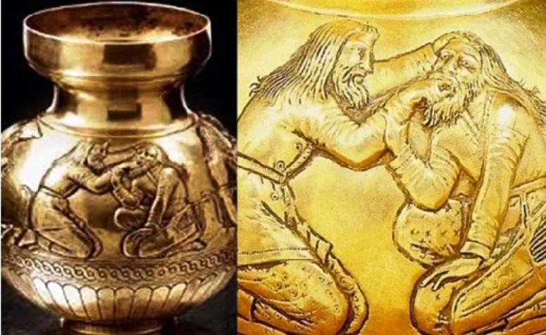 5. ábra: Asszír harcos kézzel történő foghúzása. Szkíta aranyedény töredék,   I. e. 4