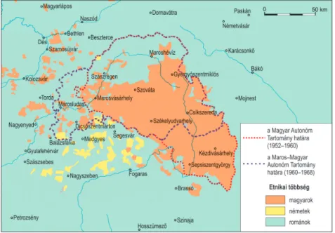 és Dicsőszentmárton rajonokat (Elekes 2011) (7. ábra). A  román nemzetállam  az  átszervezéssel nem csupán a  tartomány területét és nemzetiségi  összeté-telét 38  alakította át a magyarok számára rendkívül hátrányos módon, hanem  felgyorsította a „kulturá