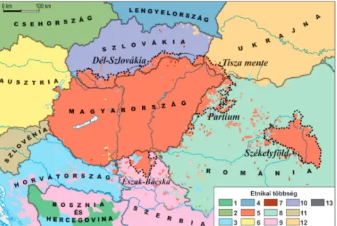 9. ábra: Földrajzilag elképzelhető etnikai alapú területi autonómiák a Kárpát-medencében