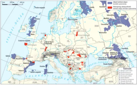 1. ábra: Létező és földrajzilag elképzelhető, etnikai alapú területi autonómiák Európában