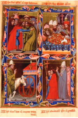 2. kép: Négy jelenet a legendáriumból: László király és a cseh uralkodó békecsókja; a király halála; 