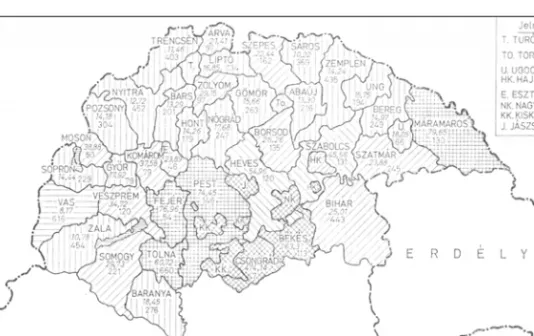2. térkép. A települések száma és átlagos területe Magyarországon 1720-ban. 
