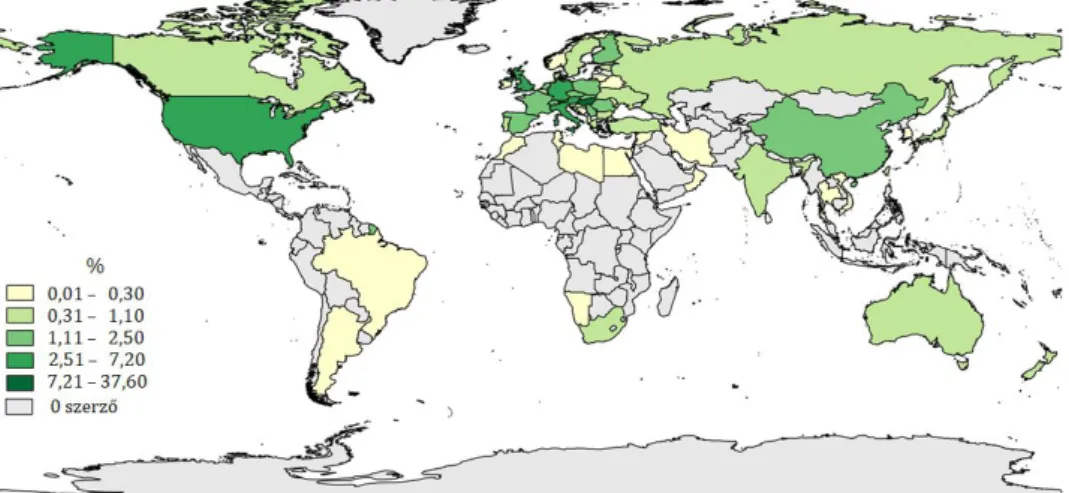 18. ábra: A mintában szereplő szerzők megoszlása országok szerint a természetföldrajz  területén