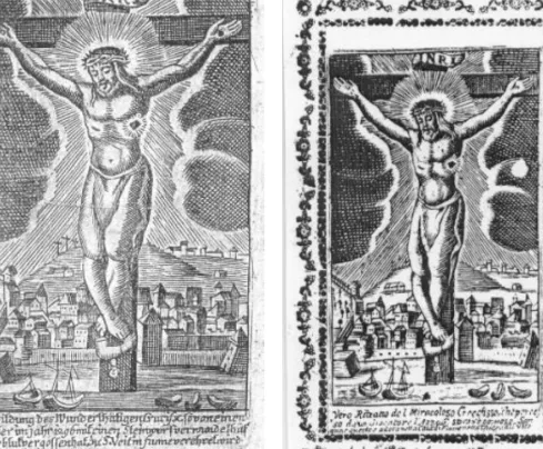 1-2. kép. A fiumei Csodakereszt ábrázolása eltérő metszéssel: 1. szentkép német szöveggel, 2