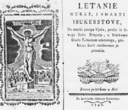 5. kép. A horvát nyelvű imakönyv olasz feliratos címlapelőzéke