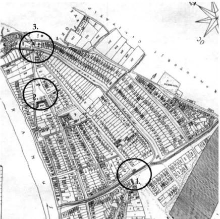1. kép. Batthyány fogadásának esztergomi helyszínei: 1. Budai kapu, 2. Főtér, 3. A Víziváros bejá- bejá-rata 11