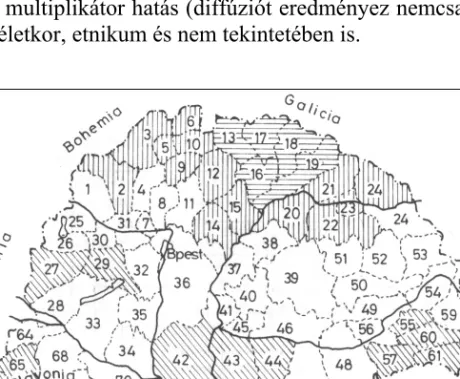 1. térkép. A tengerentúli kivándorlás térbeli eloszlása   Magyarországon 1914 előtt 