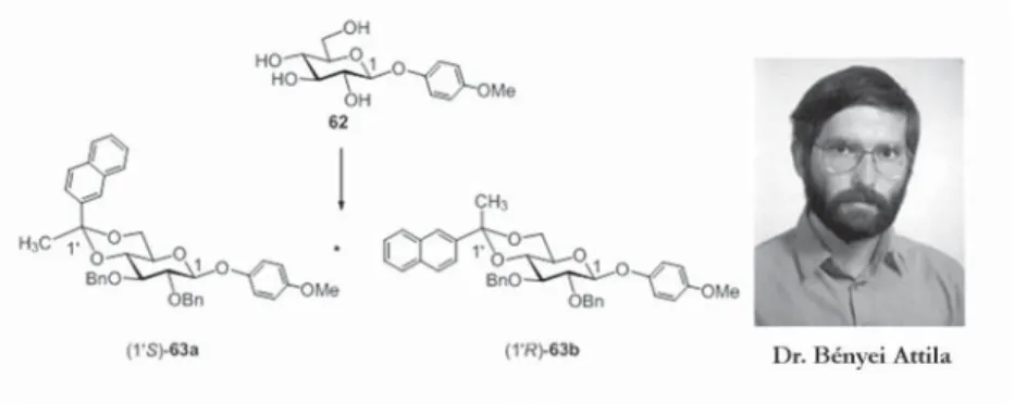 „muzsikáljunk”  ( 42. ábra). A 62 glükozid anomer centrumához (C-1)  β-térállású  p-metoxifeniloxicsoport kapcsolódik