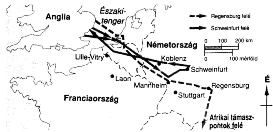 7. ábra: Az első ingabombázás, az 1943. augusztus 17-i Schweinfurt és Regensburg  elleni támadás vázlata