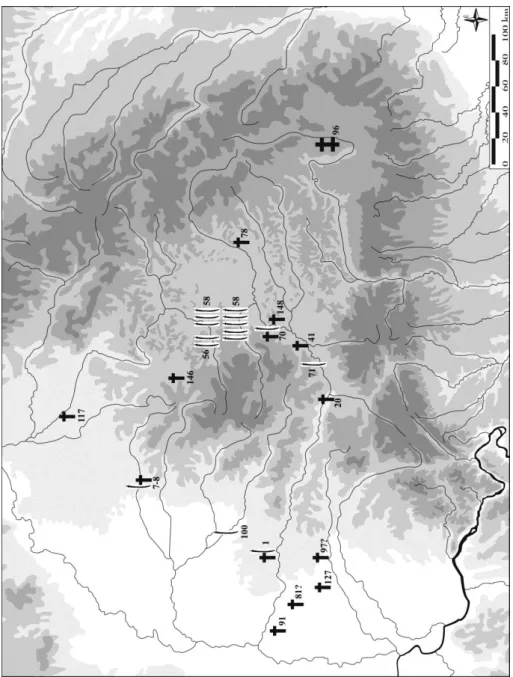 2. térkép. Szablya- és kardlelőhelyek és mennyiségük az Erdélyi-medencében. 