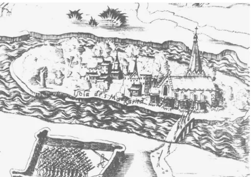 1. kép: A Margit-sziget keleti oldala 1542-ben. Részlet. (Enea Vico: Buda és Pest látképe az 1542-es   ostrom idején