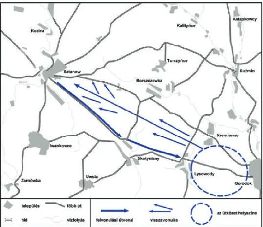 3. ábra: A hadosztály menete a kozinai tábortól Gorodok irányába (a térképet Csákváry Kristóf készítette)