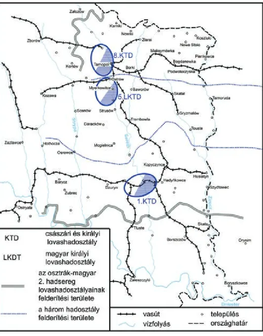 1. ábra: Kövess Herman tábornok csoportjának felderítési körzete  (a térképet Csákváry Kristóf készítette)