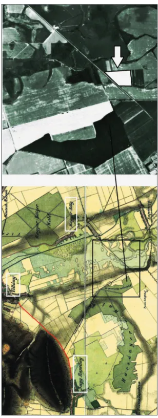 3. kép:  A Harsányi-erdő („Harsányer-Wald”) és a napjainkra is fennmaradt „Harsányer Gemeinde W[ald]” területe a második katonai felmérés  térképszelvényén, mellette a 2015–2016