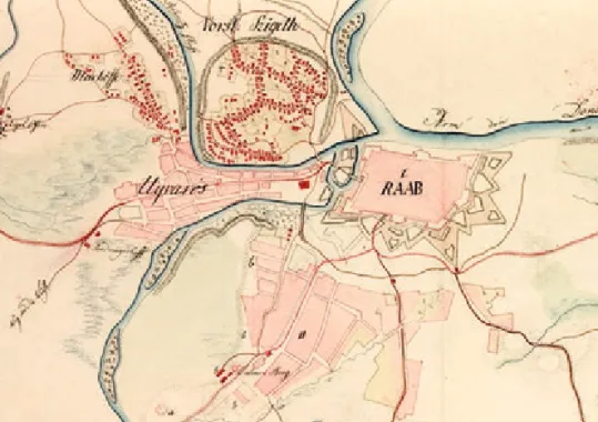 4. térkép: A Duna „a la vue” ábrázolása Komáromnál 1809-ben (K VII k 46)3. térkép:  A győri erőd, a Rába és Rábca folyó hídjai, átkelői 1805–1806-ból (K VII k 32)