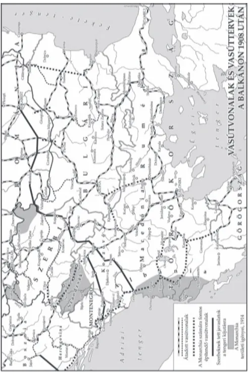 4. ábra: Vasútvonalak és vasúttervek a Balkánon 1908 után 17