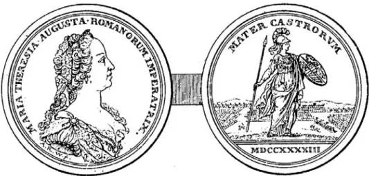 3. kép: Mária Terézia mint „mater castrorum”. Hibrid veret elő és hátoldala 14 (Schau- und Denkmünzen 49
