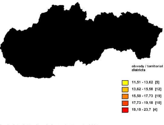 1. térkép. Az EP-választásokon való részvételi arány megoszlása a körzetek szintjén