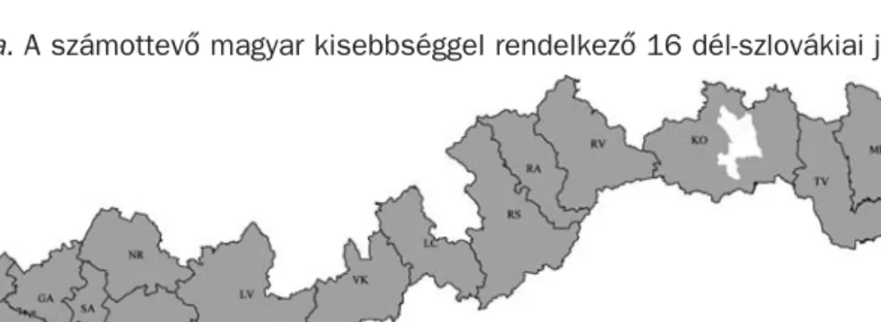 1. ábra. A számottevő magyar kisebbséggel rendelkező 16 dél-szlovákiai járás