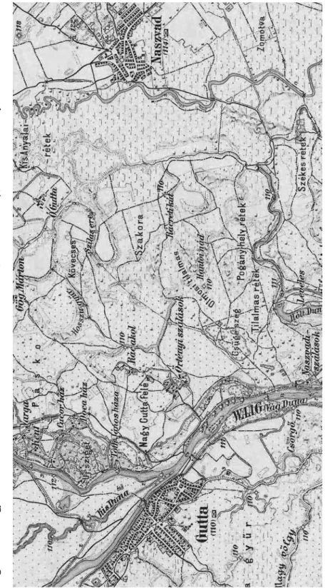 3. térkép.a­vág­és­a­nyitra­(Gúta­és­naszvad)­közötti­Nagygúta félhatárrész­a­Naszvadi,­Örtényiés­a­Rácakoliszálláscsoportokkal.­a vág­menti­ártéri­gyümölcsösökben­házakkal.­Harmadik­katonai­felmérés,­részletes­térkép,­1884.­méretaránya­1:75­000.