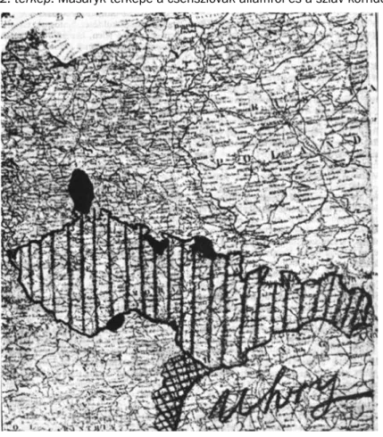 2. térkép. Masaryk térképe a csehszlovák államról és a szláv korridorról 