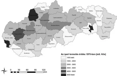 1. ábra. Az ipari termelés alakulása járási szinten 1970-ben, millió Kčs 