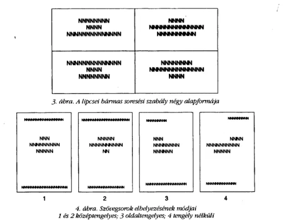 4. ábra. Szövegsorok elhelyezésének módjai  1 és 2 középtengelyes; 3 oldaltengelyes; 4 tengely nélküli 