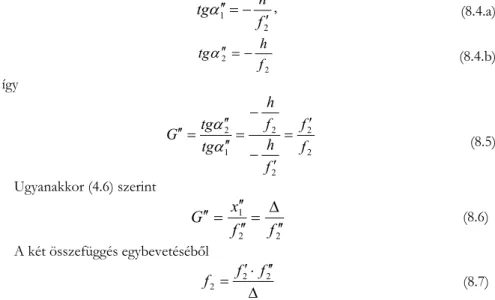 Számítsuk ki most e két szögre a szögviszonyt. Az 5. ábra alapján, szem előtt tartva az  előjelszabályt,  21ftgh  ,  (8.4.a)  22ftgh (8.4.b)  s így   22 2212 fffhfhtgGtg  (8.5)  Ugyanakkor (4.6) szerint  221ffGx  (8.6) 