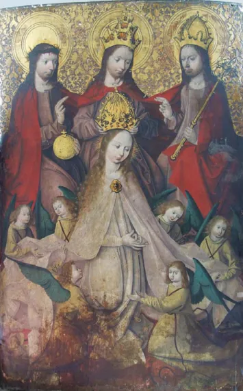 1. kép.  Ismeretlen mester, 15–16. század: Mária megkoronázása,  festett fatábla, 160×110 cm
