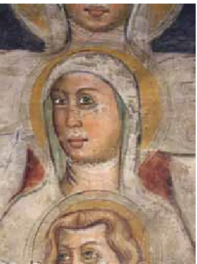 8. kép.  Marosszentanna. Mária Kleofás portréján megfigyelhetjük  a szekkósan festett részek károsodásának jellegét, valamint a glória  szerkesztésének módját.