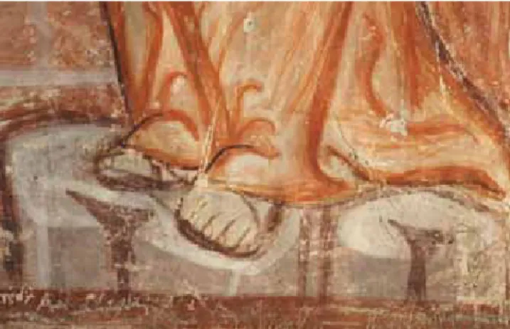 18. kép. Magyarfenes. Szent János lábfejének végleges elhelyezé- elhelyezé-sét a festő a kontúrok megrajzolásával módosította.