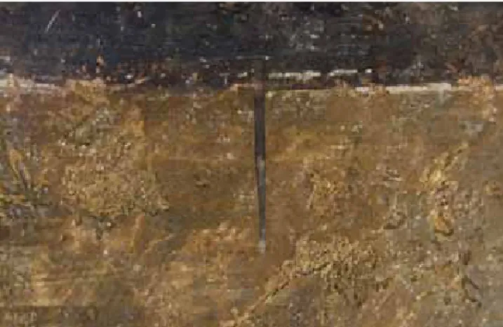 21. kép. Marosszentanna. A szentély hátterének kifestésekor a ver- ver-daccioval megfestett alapra ráfolyt a háttér sötétkék színű festéke
